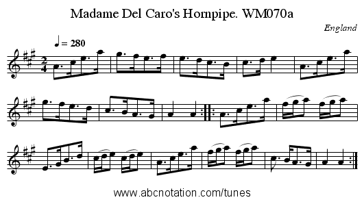 Madame Del Caro's Hornpipe. WM070a - staff notation