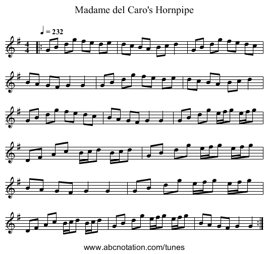 Madame del Caro's Hornpipe - staff notation