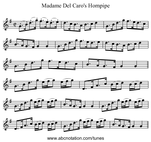 Madame Del Caro's Hornpipe - staff notation