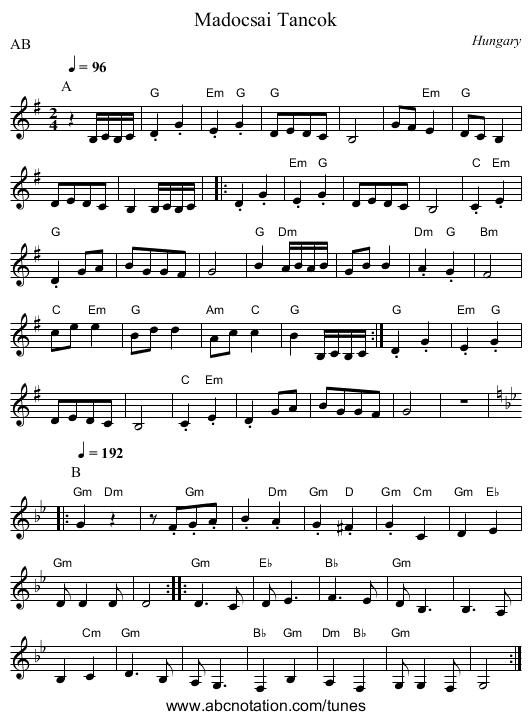Madocsai Tancok - staff notation