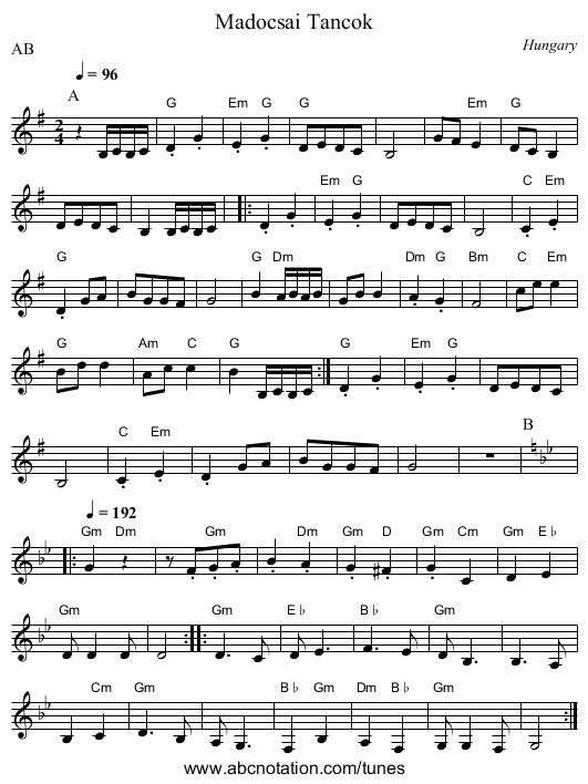 Madocsai Tancok - staff notation