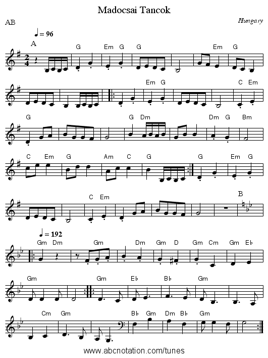 Madocsai Tancok - staff notation