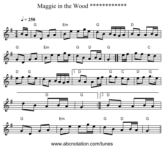 Maggie in the Wood ************ - staff notation