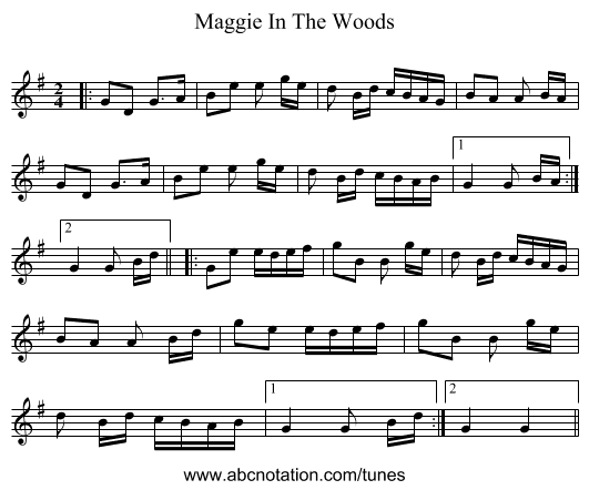 Maggie In The Woods - staff notation