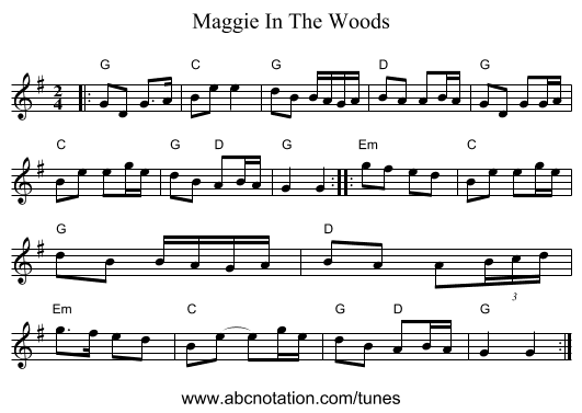 Maggie In The Woods - staff notation