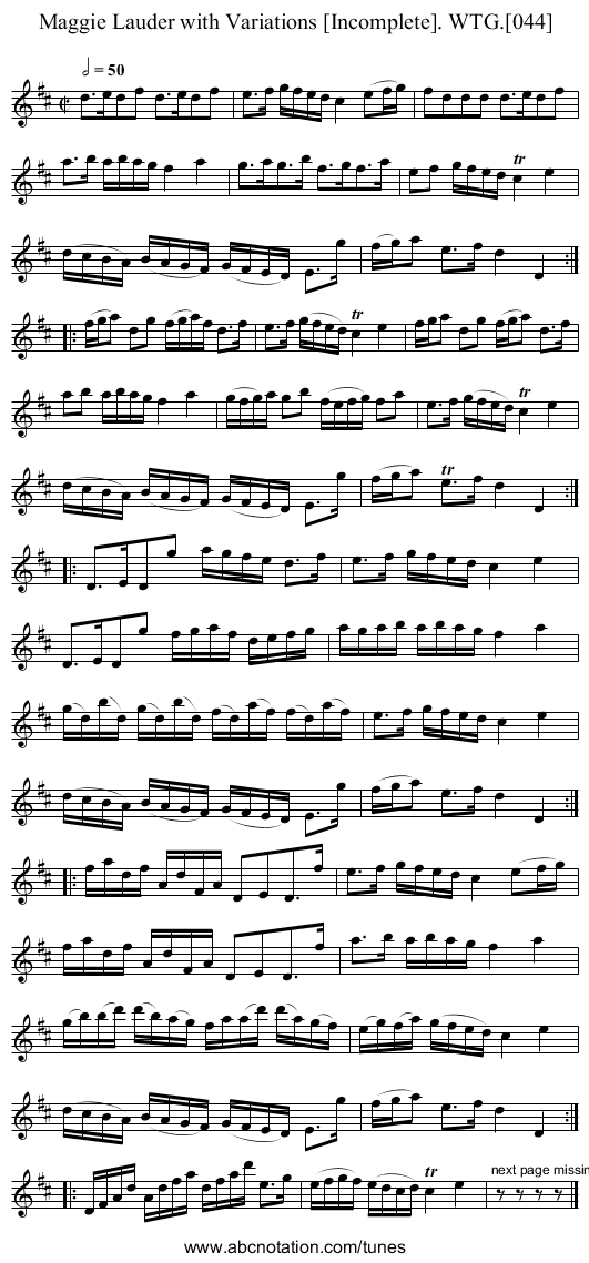 Maggie Lauder with Variations [Incomplete]. WTG.[044] - staff notation