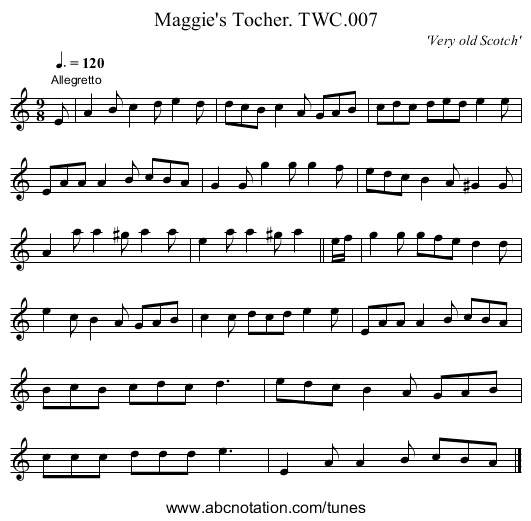Maggie's Tocher. TWC.007 - staff notation