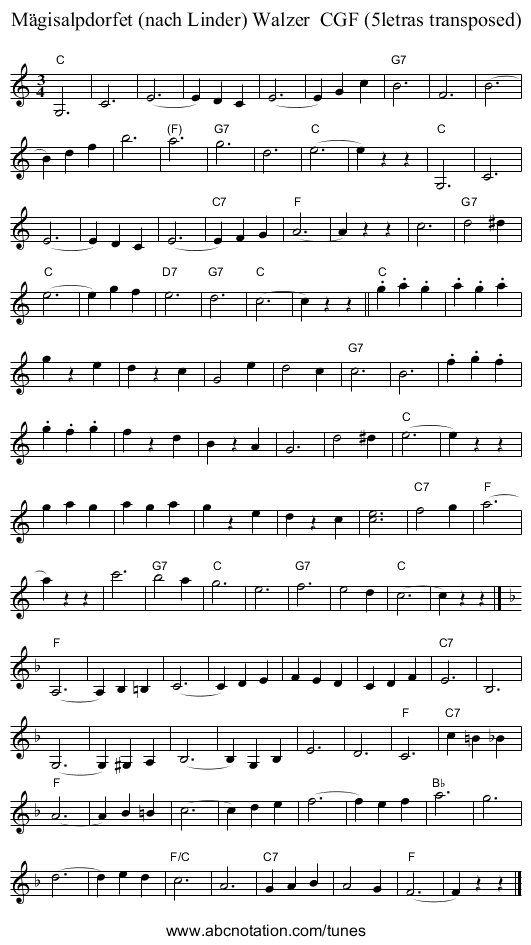 M&auml;gisalpdorfet (nach Linder) Walzer  CGF (5letras transposed) - staff notation