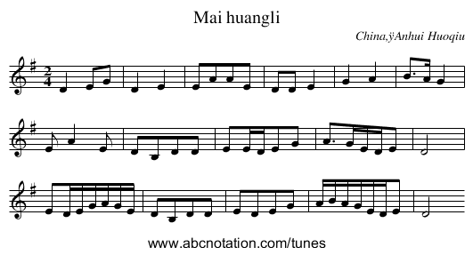 Mai huangli - staff notation