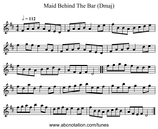 Maid Behind The Bar (Dmaj) - staff notation