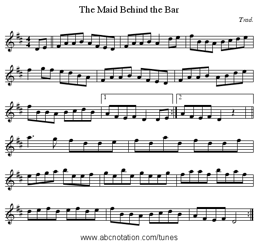 Maid Behind the Bar, The - staff notation