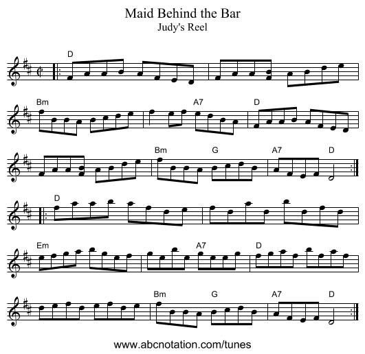 Maid Behind the Bar - staff notation