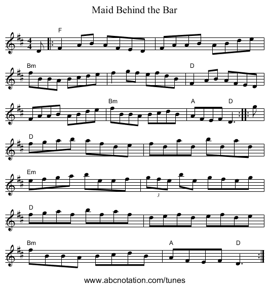 Maid Behind the Bar - staff notation