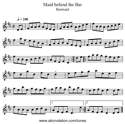 Maid behind the Bar - staff notation