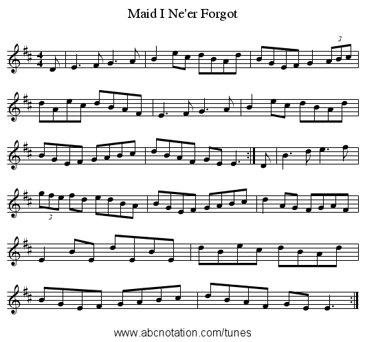 Maid I Ne'er Forgot - staff notation