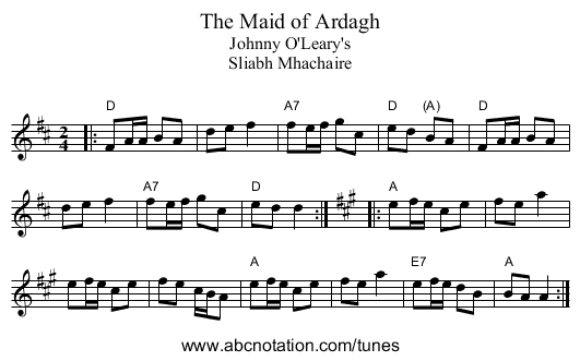 Maid of Ardagh, The - staff notation