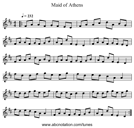 Maid of Athens - staff notation