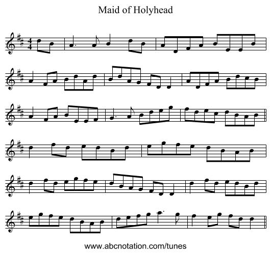 Maid of Holyhead - staff notation