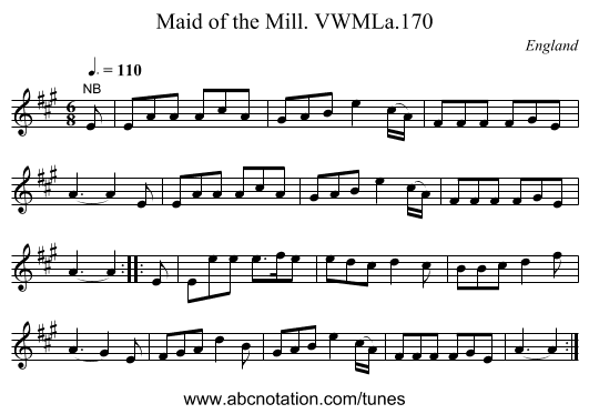 Maid of the Mill. VWMLa.170 - staff notation