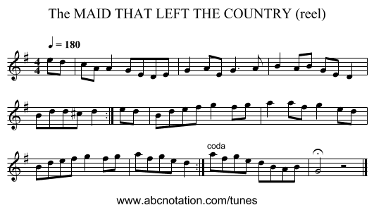 MAID THAT LEFT THE COUNTRY (reel), The - staff notation