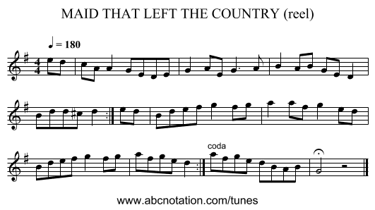 MAID THAT LEFT THE COUNTRY (reel) - staff notation