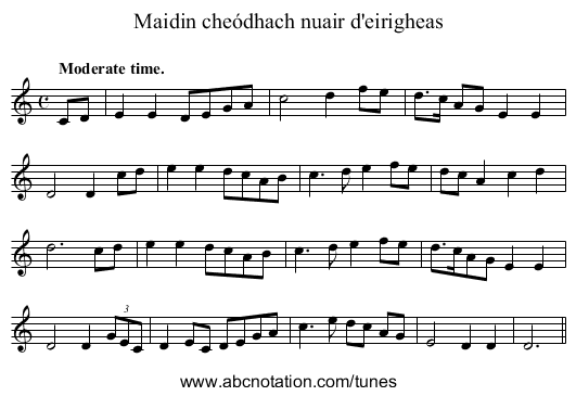 Maidin cheódhach nuair d'eirigheas - staff notation
