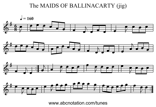 MAIDS OF BALLINACARTY (jig), The - staff notation