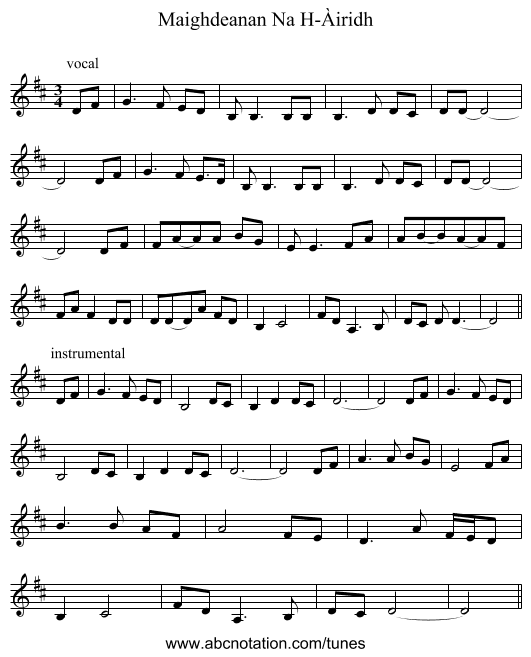 Maighdeanan Na H-Àiridh - staff notation