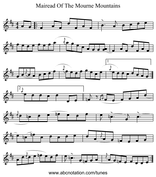 Mairead Of The Mourne Mountains - staff notation