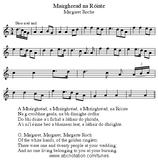 Mairghread na R&oacute;iste - staff notation