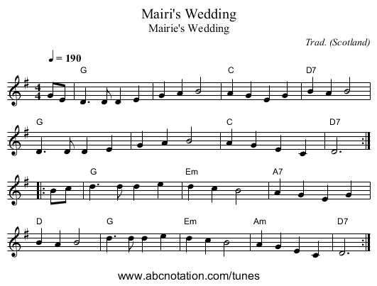 Mairi's Wedding - staff notation