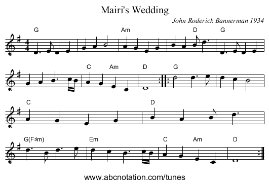 Mairi's Wedding - staff notation