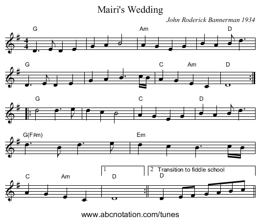 Mairi's Wedding - staff notation