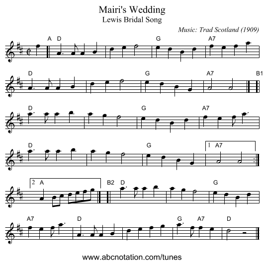 Mairi's Wedding - staff notation