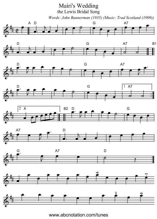 Mairi's Wedding - staff notation