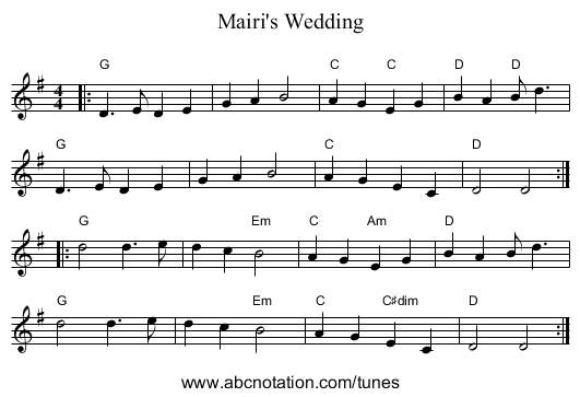 Mairi's Wedding - staff notation