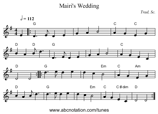 Mairi's Wedding - staff notation