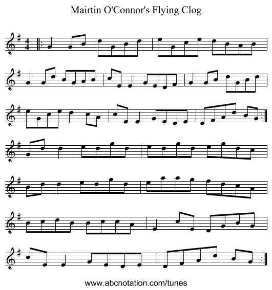Mairtin O'Connor's Flying Clog - staff notation