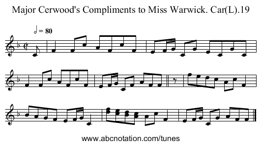 Major Cerwood's Compliments to Miss Warwick. Car(L).19 - staff notation