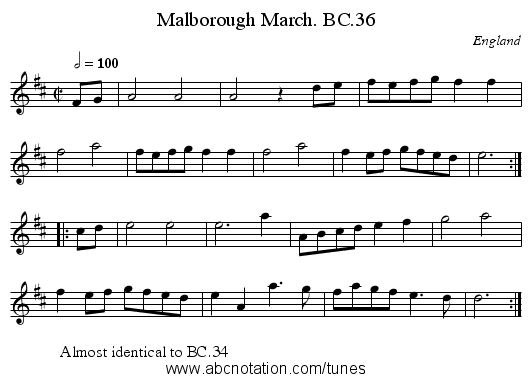 Malborough March. BC.36 - staff notation