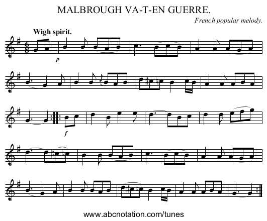 MALBROUGH VA-T-EN GUERRE. - staff notation