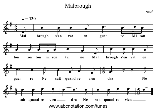 Malbrough - staff notation
