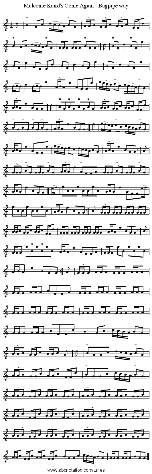 Malcome Kaird's Come Again - Bagpipe way - staff notation