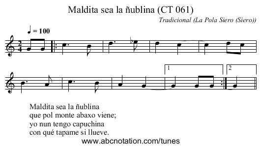 Maldita sea la ñublina (CT 061) - staff notation