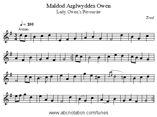 Maldod Arglwyddes Owen - staff notation