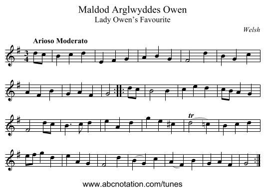 Maldod Arglwyddes Owen - staff notation