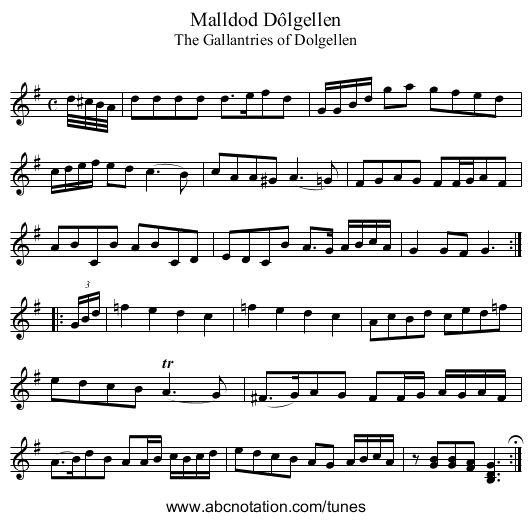Malldod Dôlgellen - staff notation