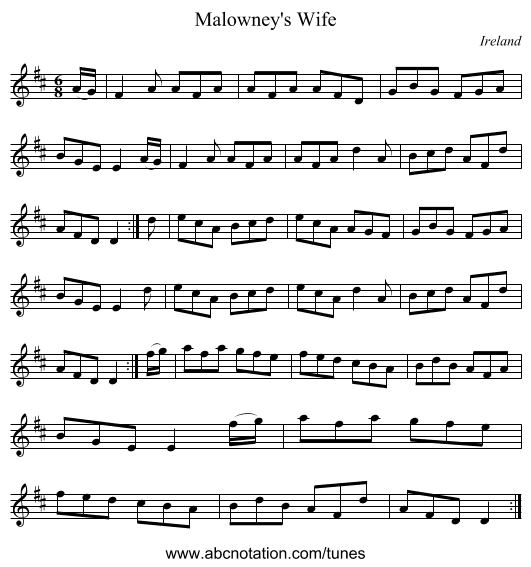 Malowney's Wife - staff notation