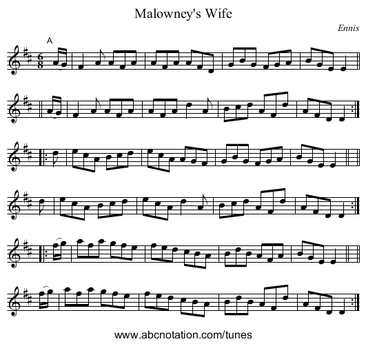 Malowney's Wife - staff notation