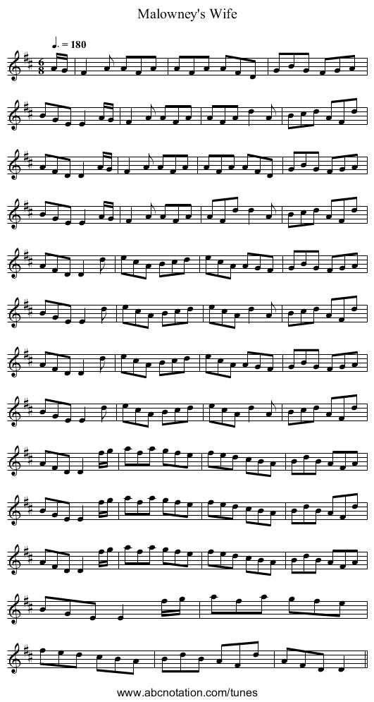 Malowney's Wife - staff notation